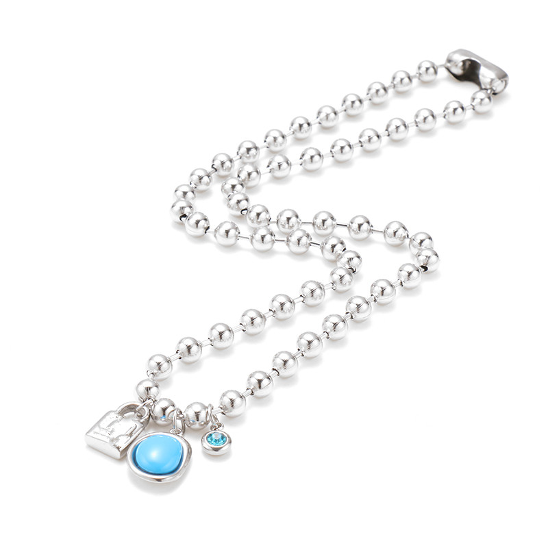 Conjunto de joyería para hombres y mujeres, pulsera de cuentas de 6mm con llave de bloqueo de corazones rosas, Color plata, oro y acero inoxidable, 50 redondos: Blue Necklace