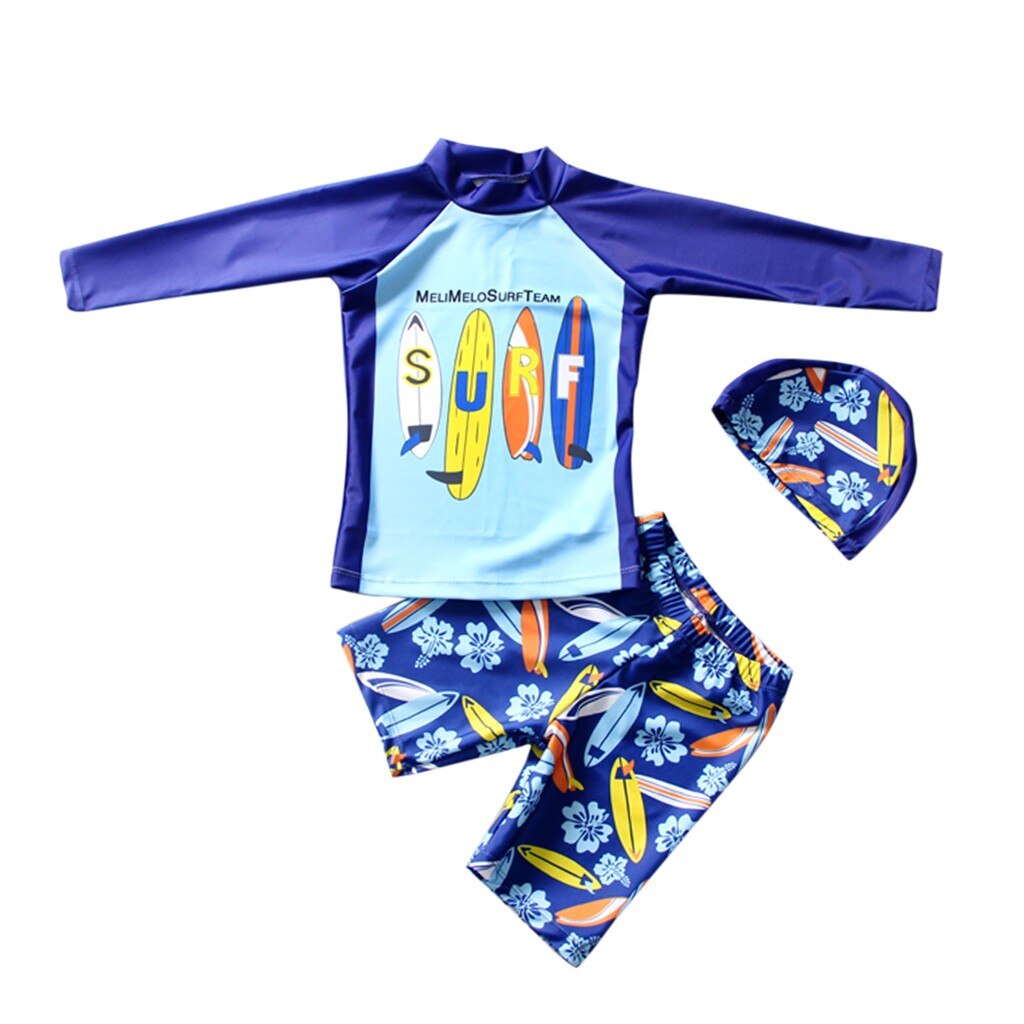 1-8Years Surf Driedelig Pak Baby Kids Jongen Skate Brief Print Snel Droog Badpak Tops Shorts En Hoed Zwemmen set בגדי ים בנים M4: 3-4 Years