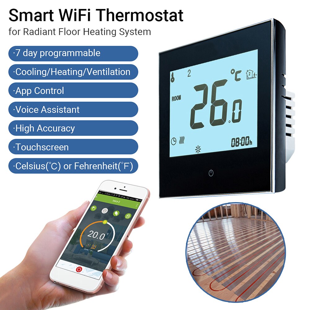 Hem programmerbar termostat för strålande golvvärmesystem smart pekskärm värme endast termostat för in golvvärmesystem: Svart med wifi