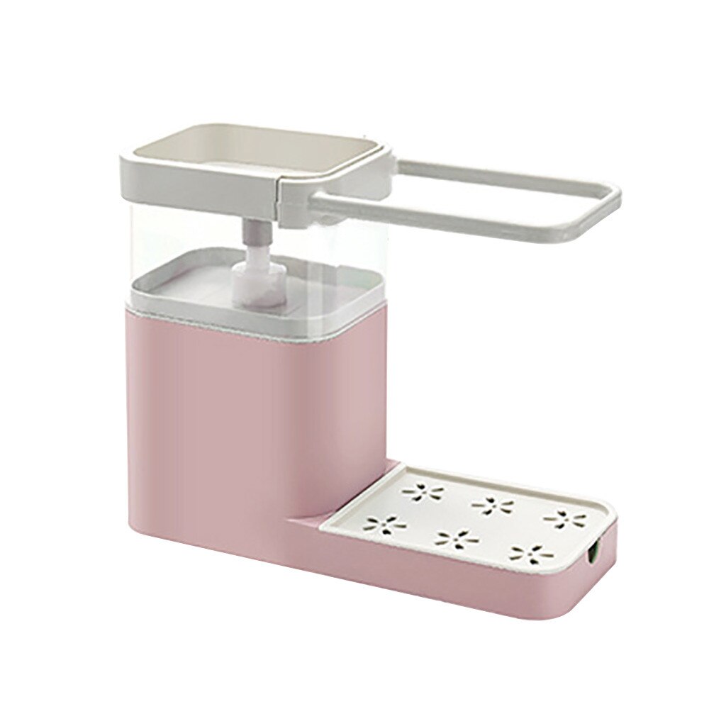 Dispensador de jabón líquido 3 en 1 + soporte para esponja de cocina + soporte para toalla de té prensa de mano, organizador de jabón, contenedor, herramientas de Limpiador de cocina: Rosa