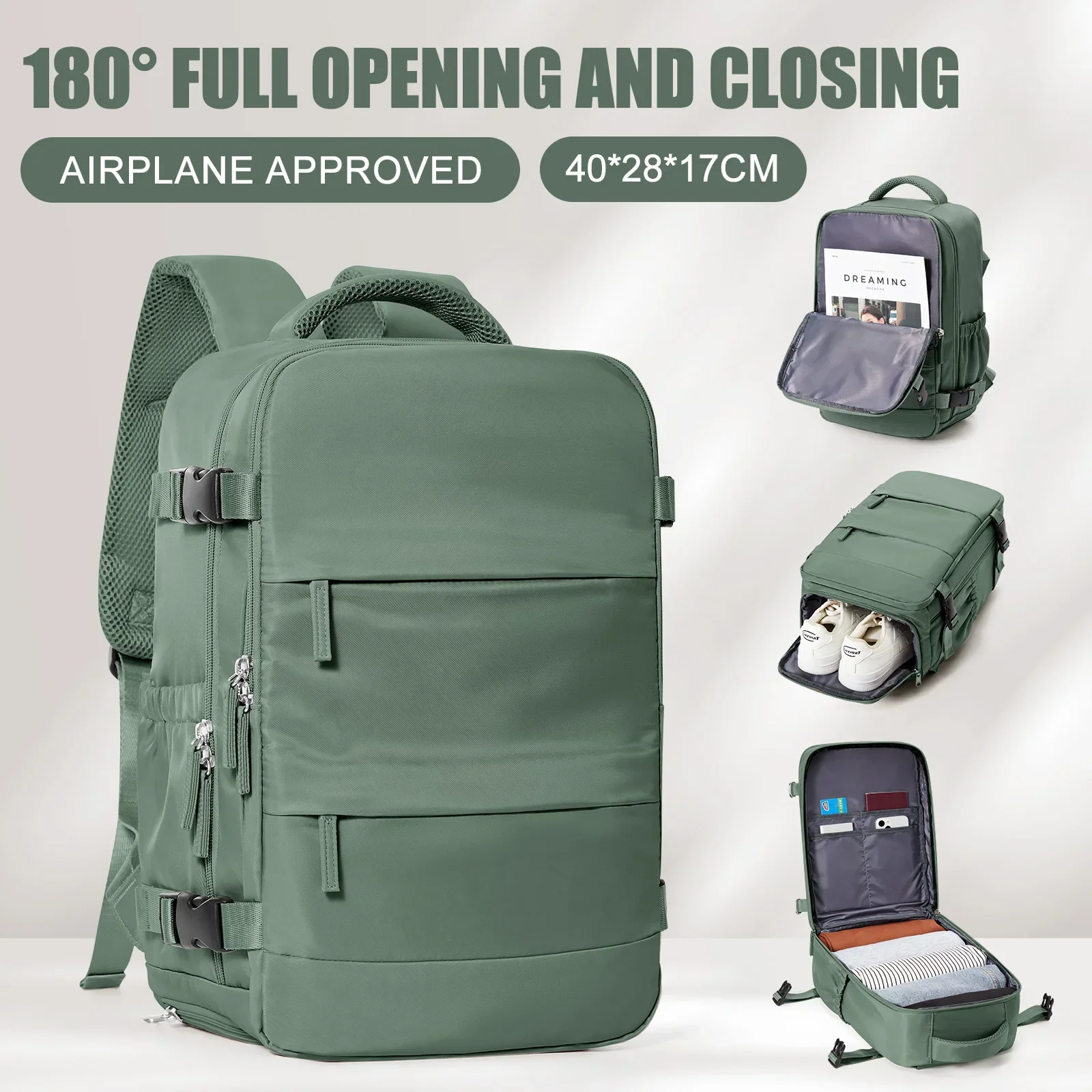 Women Men Hand Luggage Backpack Business Laptop Bag College Travel Backpack Waterproof Carry on Cabin Backpack Wizzair 40x30x20: green