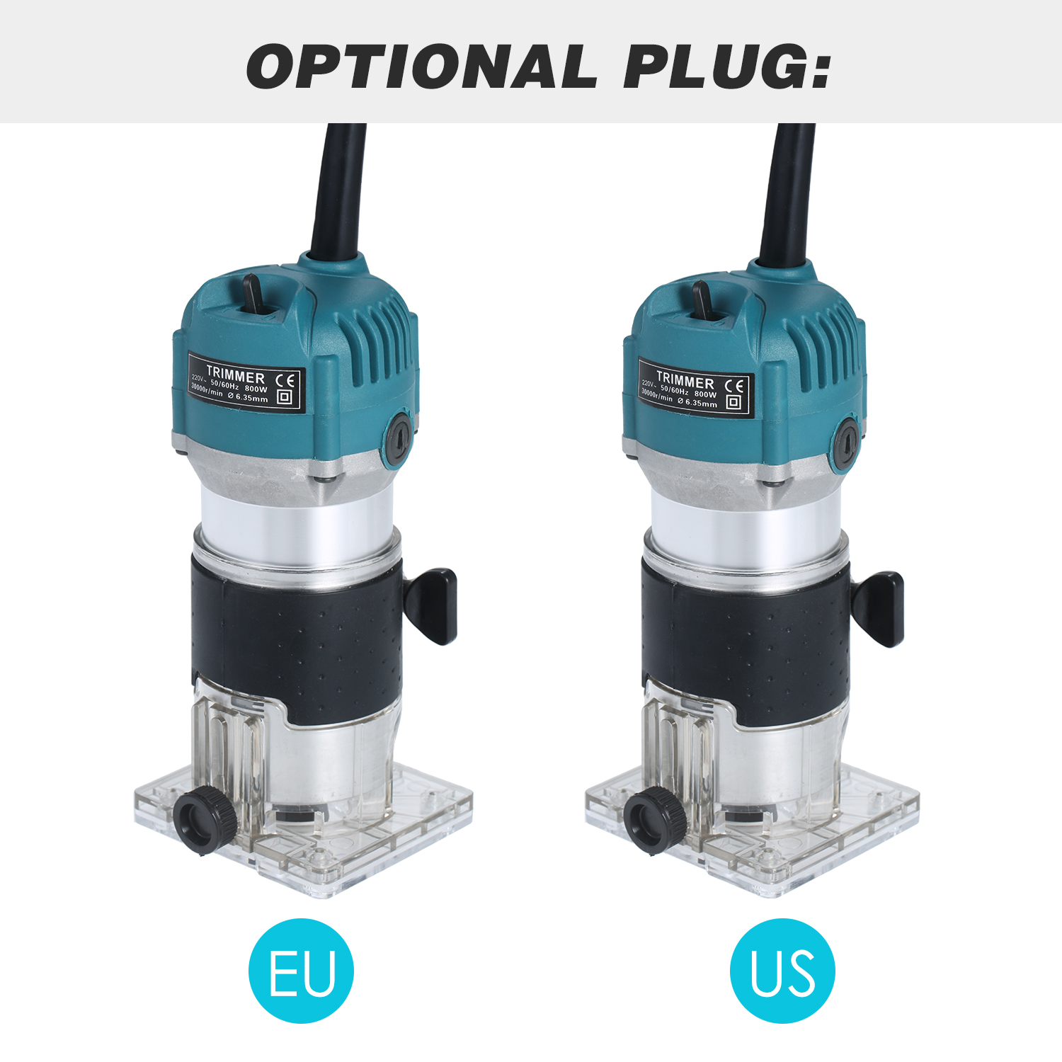 220V 800W Trim Router 30000r/min with Transparent Base Edge Guide Wood Laminate Electric Trimmer Compact Palm Router Corded