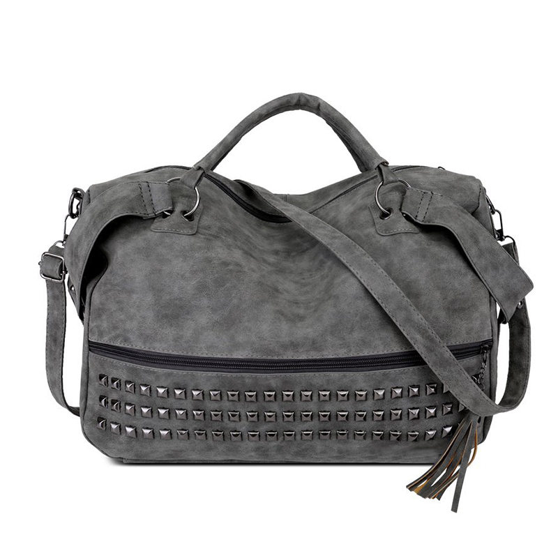 SGARR Nubuck PU cuir femmes sacs à main dames grande capacité gland sac à bandoulière décontracté Vintage Rivet femelle fourre-tout sacs: Light grey