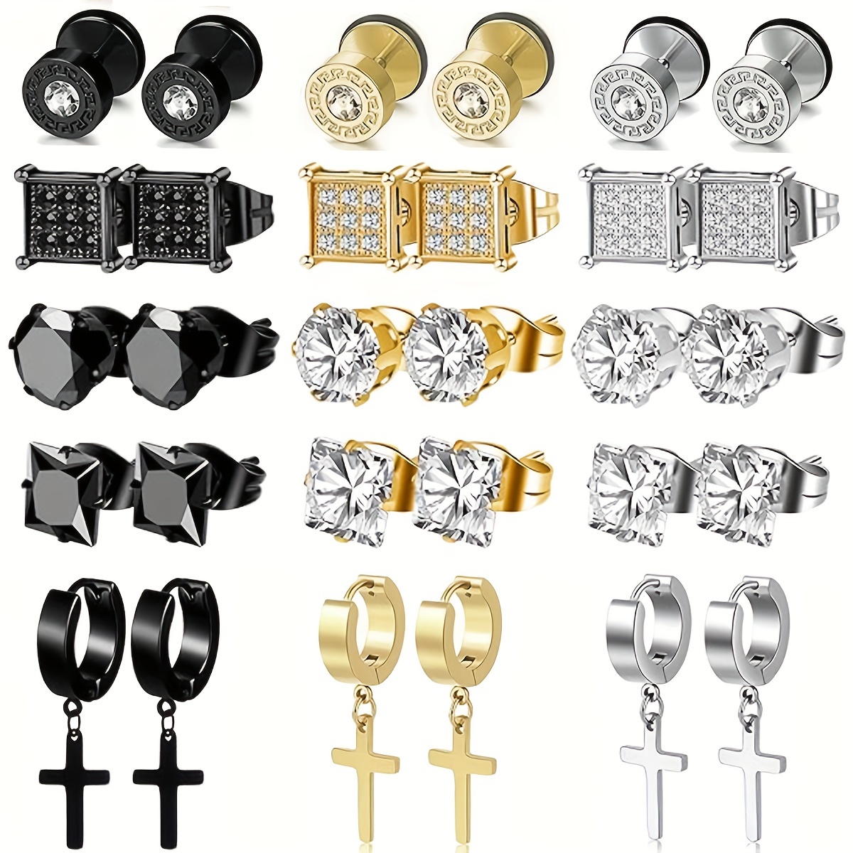 15 paar roestvrijstalen oorbellen met kruisvormige hangers en scharnieren, oorbellen met zirkonia steentjes voor mannen, oorpiercing sieraden
