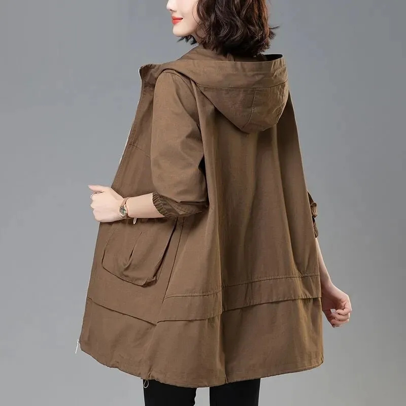 Kvinders trenchcoat med hættetoppe efterårsfrakke langærmet løs mellemlang overtøj dame vindjakke: Xl / Beige