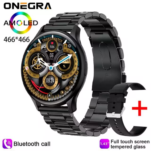 Montre intelligente AMOLED HK89 pour hommes et femmes, appel BT, surveillance de la santé, assistant vocal NDavid, toujours en affichage, suivi du fitness, sports, 1.43 pouces: Black