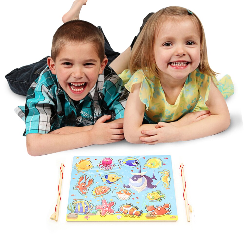 Baby Educational Toys Magnetic Wooden Puzzles Game Fishing Toys With 14 Fishes And 2 Magnetic Poles Learning Educational Toys