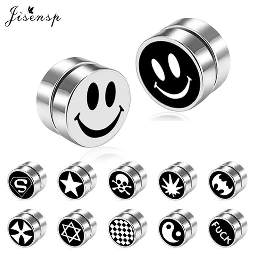 Jisensp boucles d'oreilles magnétiques uniques Clips aimant faux Piercing pour femmes hommes acier inoxydable sourire crâne géométrique boucles d'oreilles