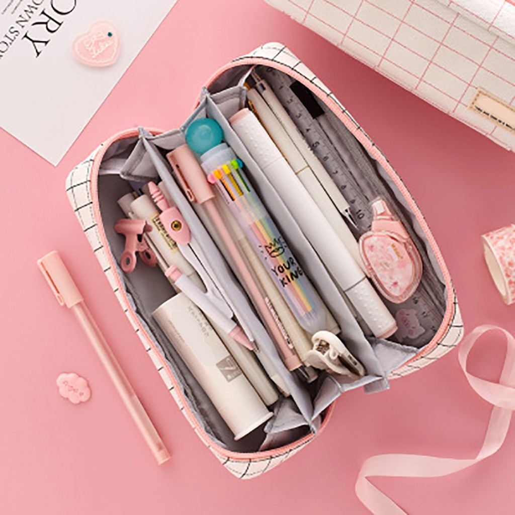 Pink lattice Large Capacity Pencil Cases Bags Fabric Pen Box Pouch Case For Middle High School Office College with 3 compartment