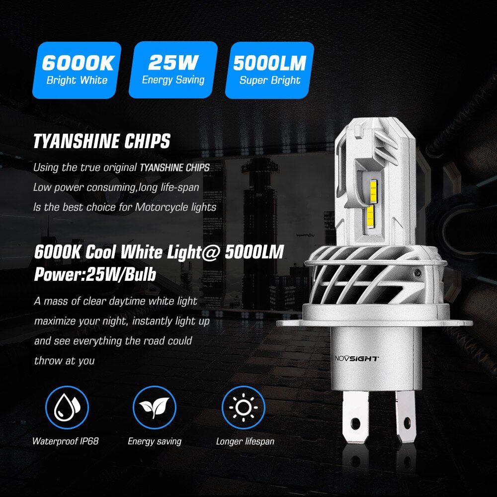 NOVSIGHT Motorcycle Headlight Bulb Led H4 H7 H11 1:1 Mini Size 6000K White 5000LM 25W 12V Motorcycle Headlamp Bulbs