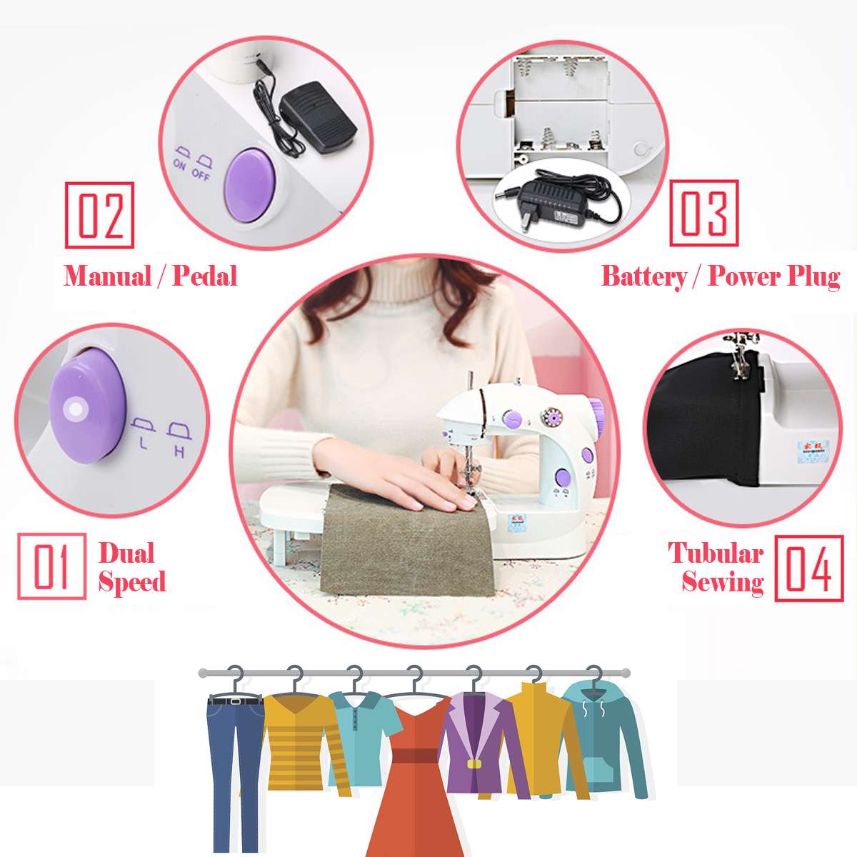 Mini Portable Sewing Machine Electric Stitch Sewing Machine Double Thread And Speed Household Knitting Machine with LED Light