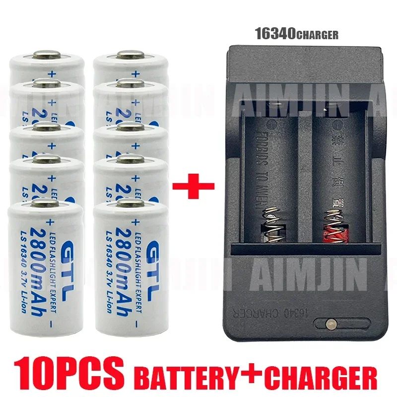 16340 genopladelige batterier,  cr123a batterier, 2800 mah , 3.7v li-ion med lcd dobbeltoplader, batteri, led-lommelygte, rejsevæglampe: Grå