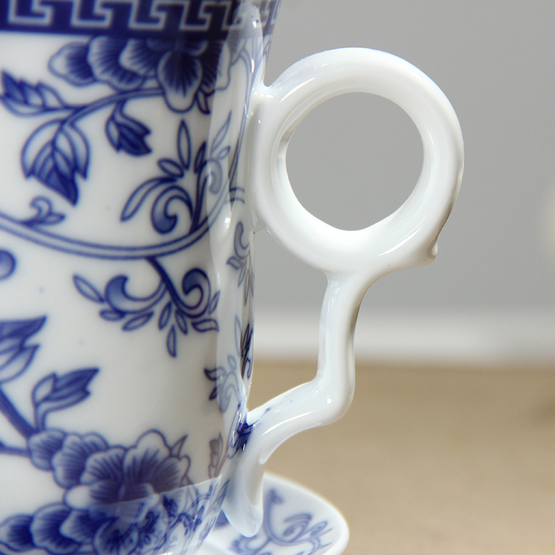 Retro kinesisk blå hvid porcelæn te kop sæt med underkoplåg infuser 260ml keramiske tekop med te filter