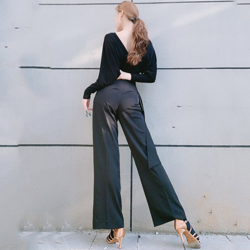 Pantaloni da ballo latino da donna nastri pantaloni a gamba larga pantaloni neri Cha Cha rubinetto abbigliamento da ballo pratica abbigliamento da competizione DNV14134