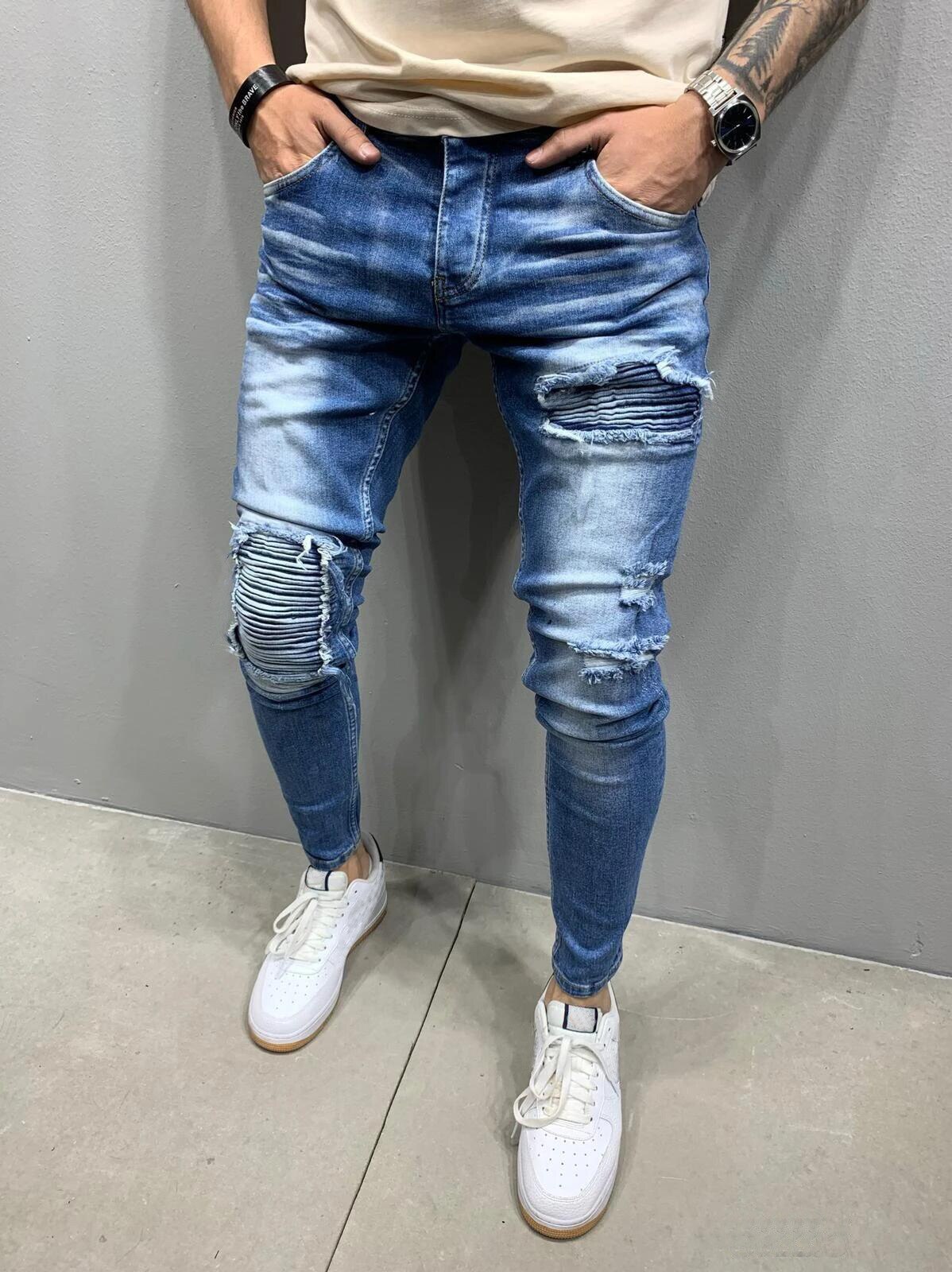 Skinny ripped jeans mænd casual slim fit herre fold jeans homme mærke motor biker hip hop denim bukser bukser pantalones hombre