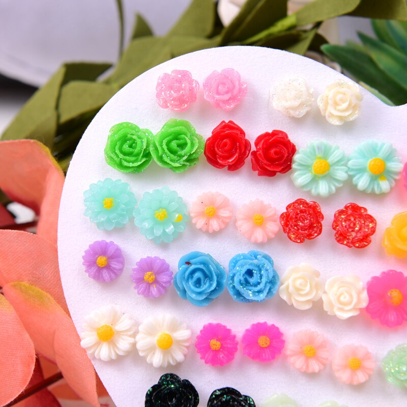 36 Pairs/Set Pink Flower Earrings Trendy Mix Cartoon Plastic anti-allergy Stud Earrings for Women Girls Child Jewelry