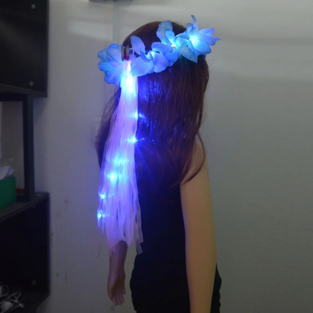 Women Girl Glow Party LED Hawaiian Lei Headband Light Up Flower Ribbon Crown Birthday Wedding Festival: Olive