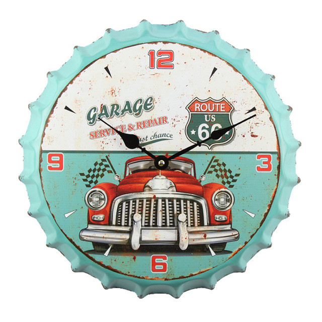 35cm Bottle Cap 3D Wall Clock Retro Beer Wine Modern Iron Metal Silent Quartz Clocks Bar Living Room Home Decor: CAR
