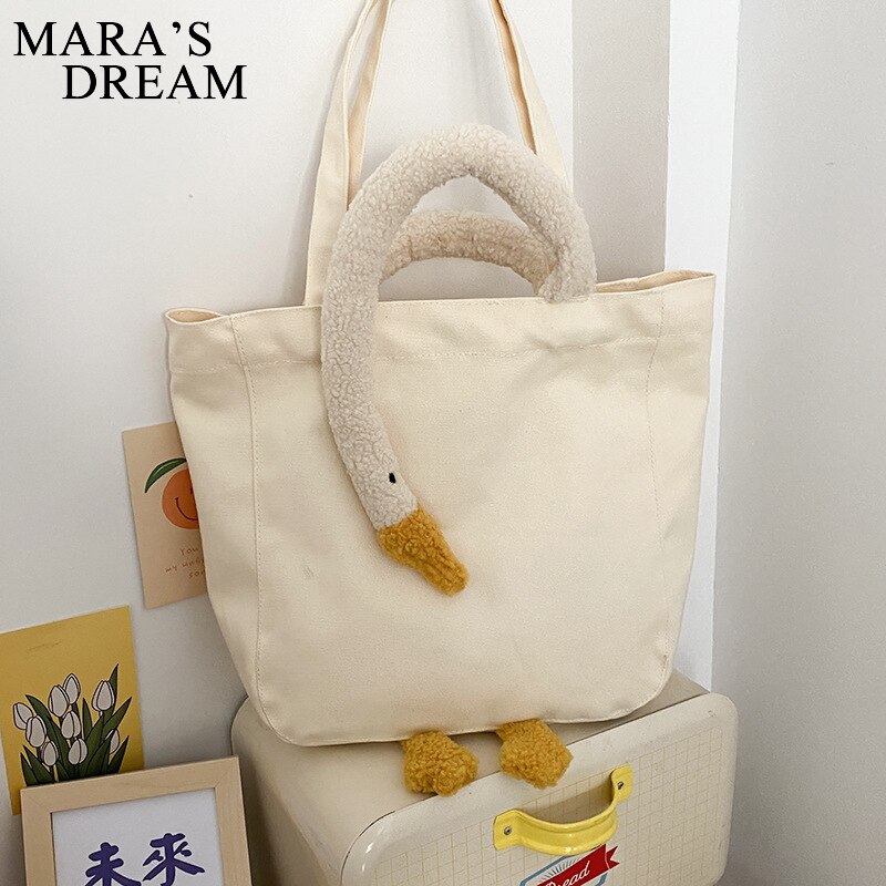 Mara 'S Droom Vrouwen Schoudertassen Pluche Grote Gans Tote Eenvoudige Pols Tassen Leuke Zachte Handtas Canvas Winkelen tas Meisjes