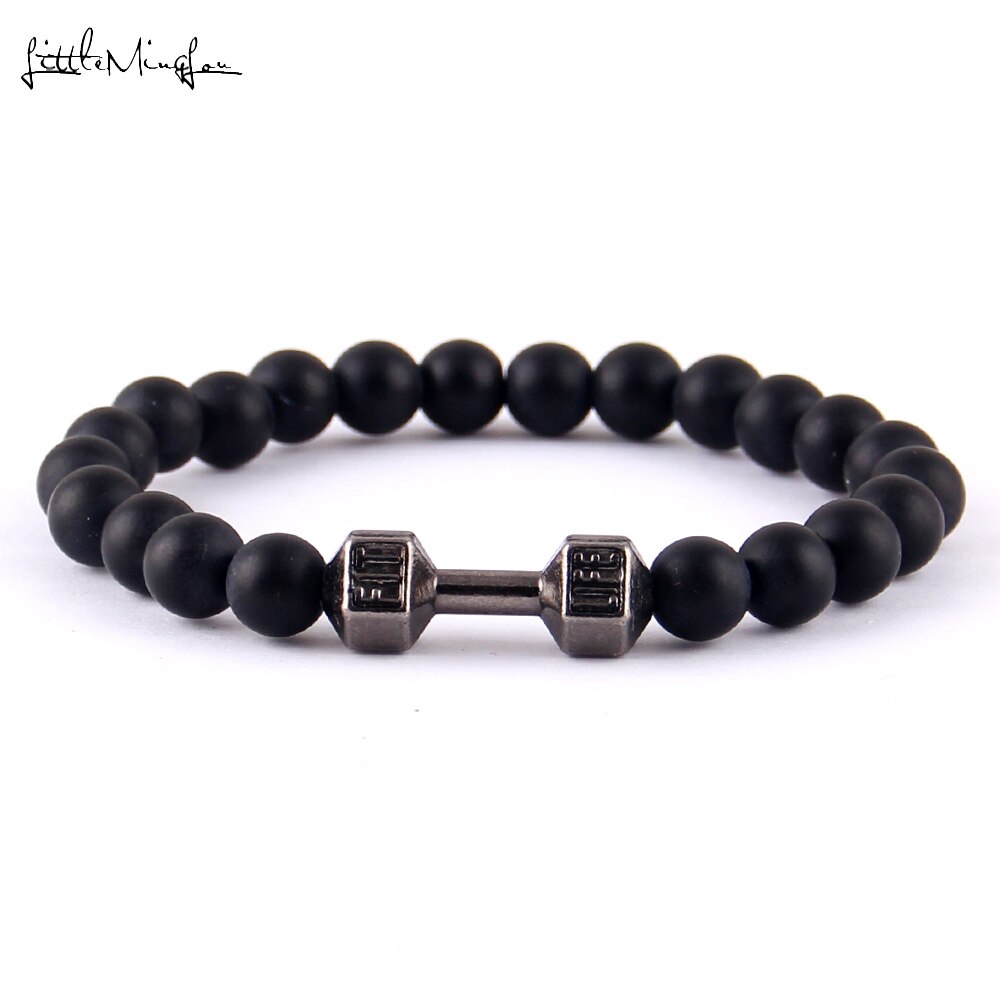 Little Minglittle Fit Life Dumbbell charm fitness bracelet Black Matte stone bead men Bracelets & bangles for women jewelry: 4238f