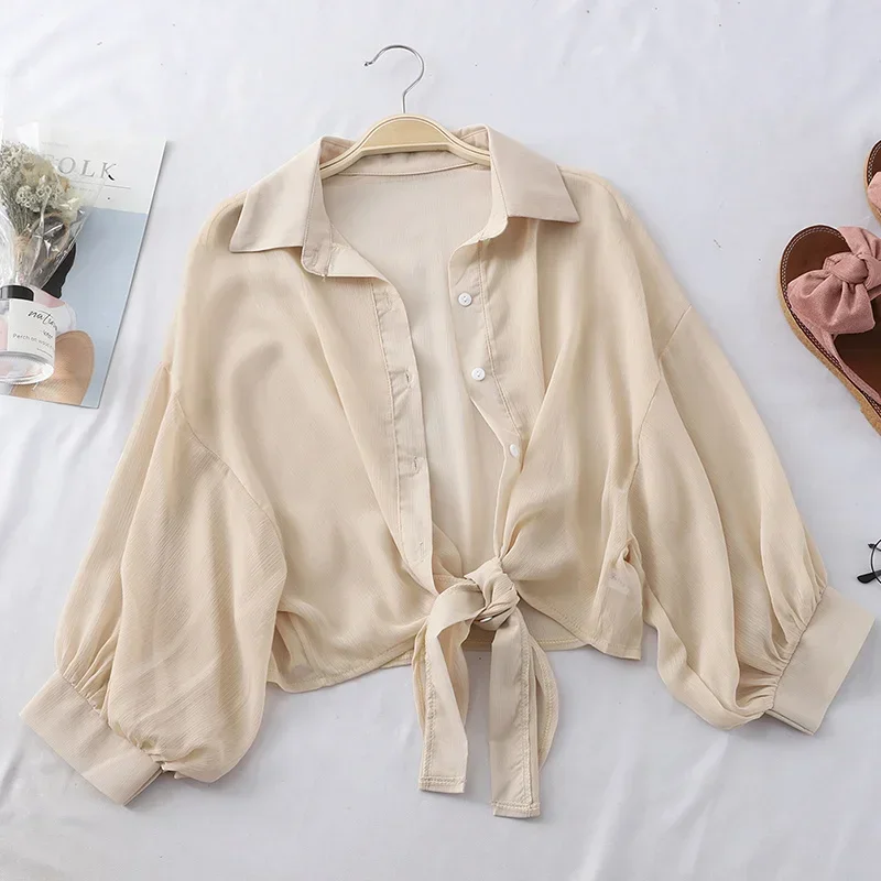 Blusa informal holgada de gasa con media manga para mujer, camisa con botones, cintura atada, primavera y verano, 9776