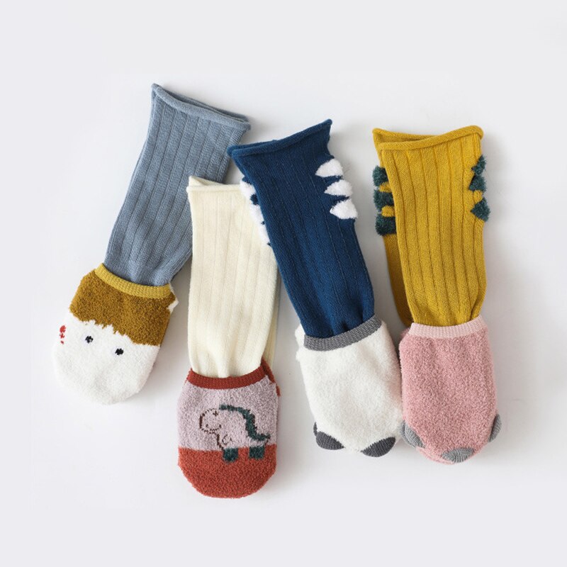 2 Pair/set Cartoon Dinosaur Baby Socks Winter Autumn Non Slip Warm Cotton Kids Socks For Boys Girls 0-12M