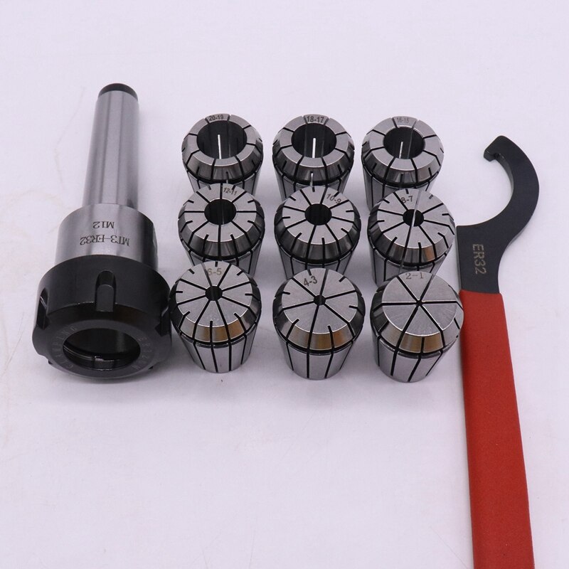 9Pcs Er32 Spring Collets Set 2/4/6/8/10/12/16/18/20Mm + 1Pcs Mt3 M12 Er32 Collet Chuck Morse Taper Holder Collet Power Tool Set