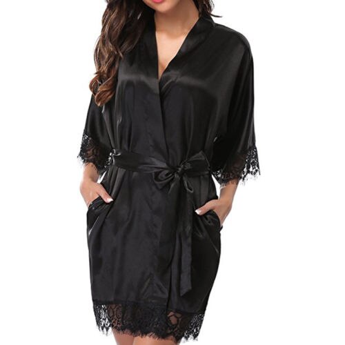 Women Summer Silk Satin Half Sleeve Lace Bandage V-Neck Sleepwear: Black