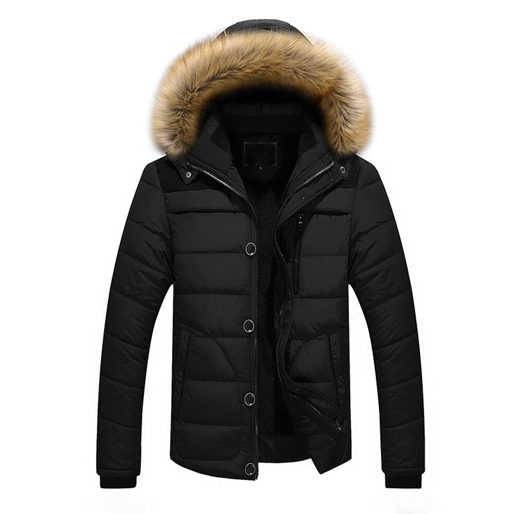 Män vinter parkarockar utomhus varm tjock jacka päls huva kappa jacka solid dragkedja mansrock herrkläder: Svart / Xxl