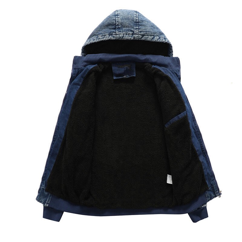 Hooded Denim Jakets Men Autumn Winter Fleece Denim Coats Jean Jackets Men Outwear Casual Men Winter Coat with Nood