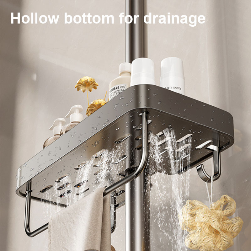 Rack de armazenamento para chuveiro de banheiro, haste de elevação, gel de banho, shampoo, organizador sem perfuração, suporte de liga de alumínio com ganchos