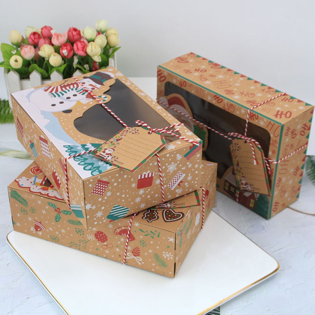 Scatole di carta Kraft da 6 pezzi scatole di immagazzinaggio di caramelle di natale scatole di biscotti per finestre in PVC