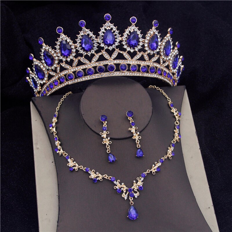 Baroque Crystal Bridal Jewelry Sets for Women Prom Tiara Crowns Earring Necklace Bride Wedding Jewelry Set: Blue Sets