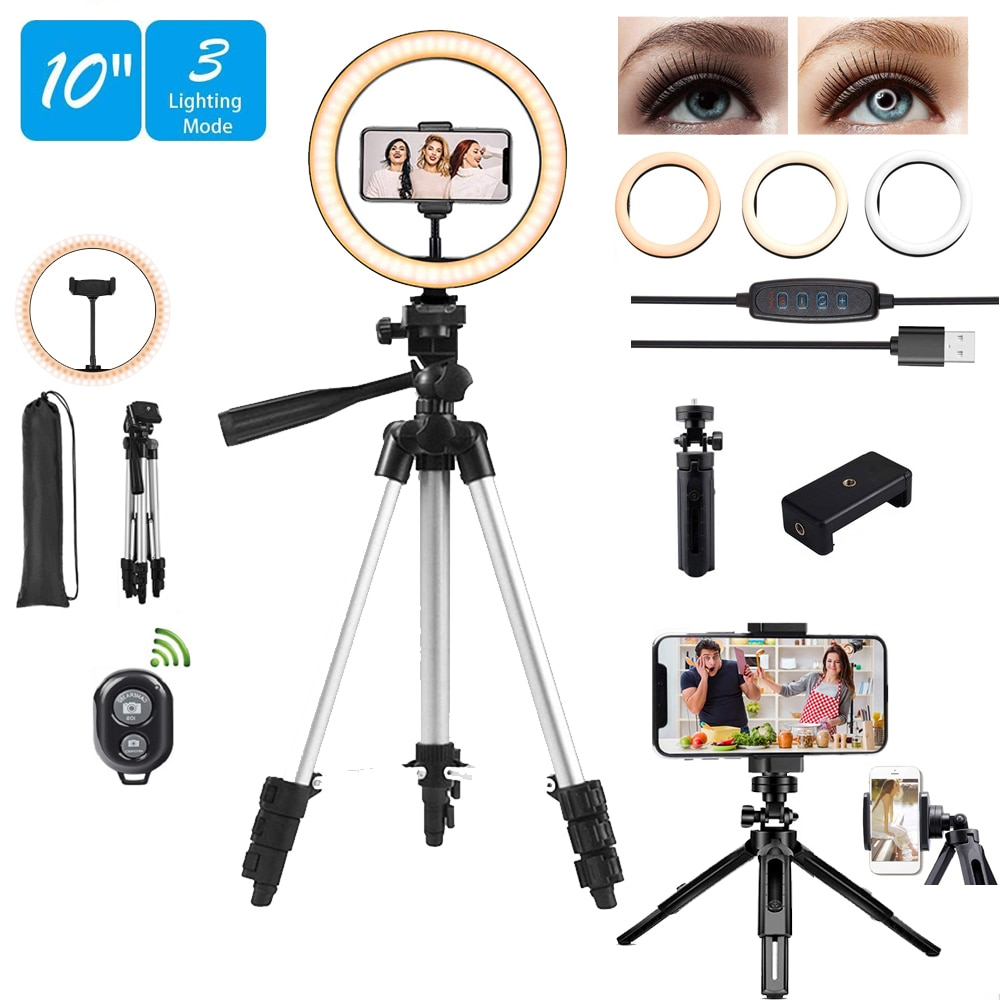 10 "LED Selfie Ring Licht Stativ Schreibtisch RingLight Telefon Ständer Halfter Dimmbare Lampe Kreis Füllen Licht machen-hoch Fotografie Trepied