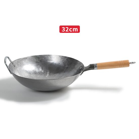 Ijzeren Wok, Traditionele Hand Gehamerd Carbon Ijzer Pow Wok Met Houten Helper Handvat, niet-Coating Gas Fornuis Kookgerei: 32cm