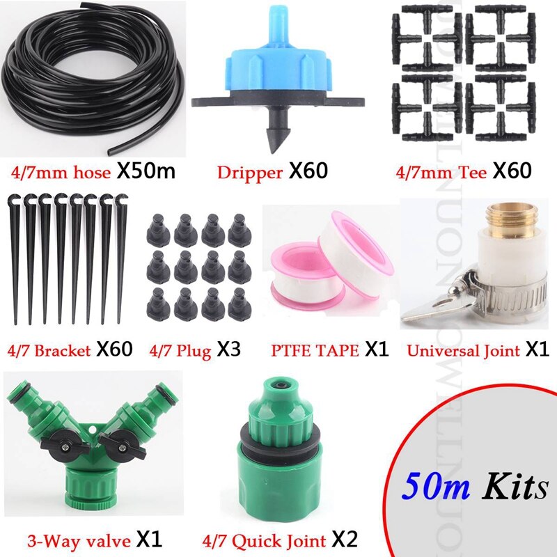 10 ~ 50m 1/4 tommers pe slange hagevanningssett grønnsakshage frukthage plante mikro drypp vanningssystem sett drypper: 50m blå sett