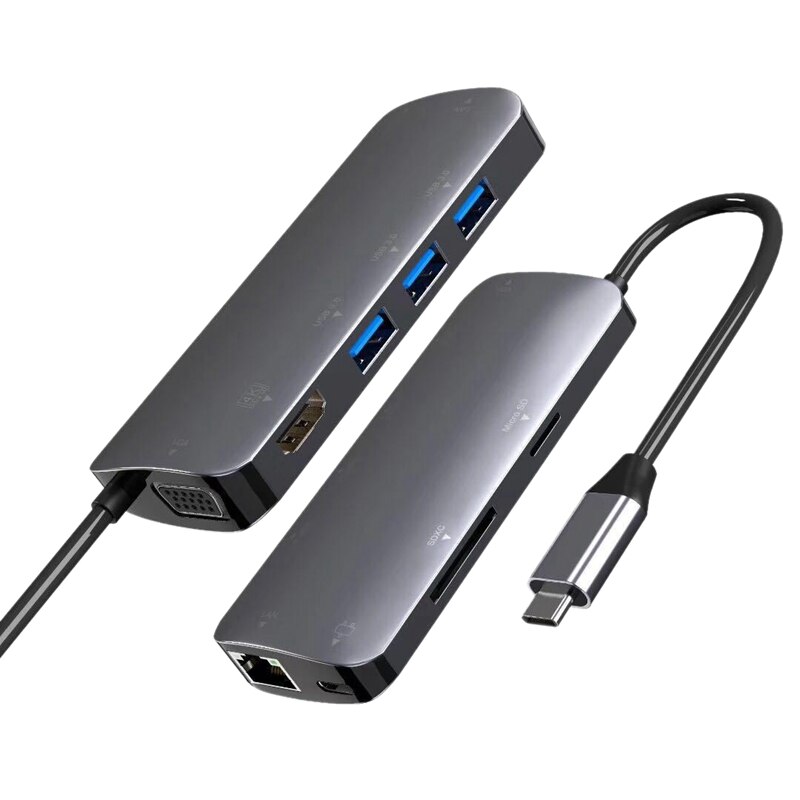 Usb C Hub, 9-In-1 Type C Adapter Met 4K Hdmi, 60Hz Vga, 1Gbps RJ45 Ethernet, 3 Usb 3.0 Poort, Sd/Tf Kaartlezer, 60W Pd Opladen Po