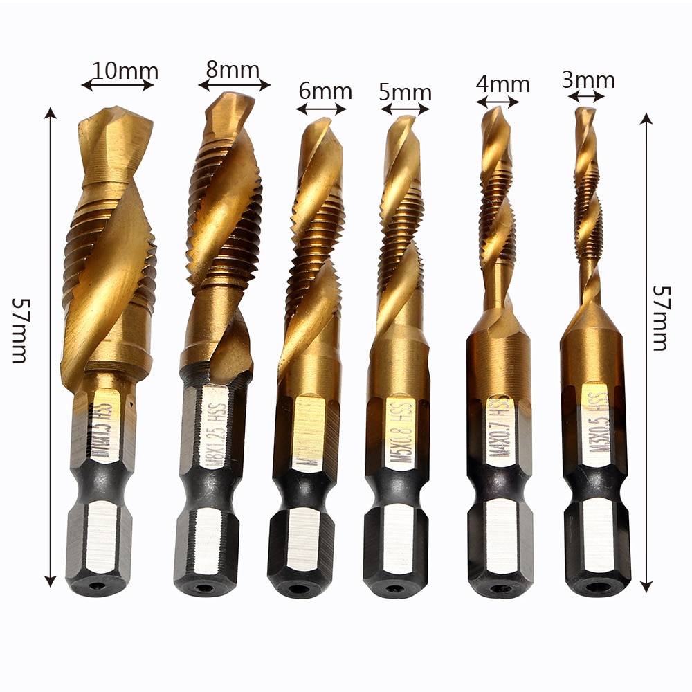 Unids/set de 6 brocas, rosca de taladro, conector métrico M3 M4 M5 M6 M8 M10, herramientas manuales, tornillo HSS, Punta espiral, aceros de alta velocidad