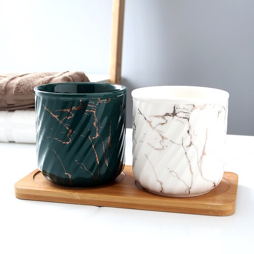 Ceramics 270ml Brushing Cup Simple Style Mouthwash Cup Marble Thread Lotion Bottle Separate Press-type Empty Bottle Couple Suit: S