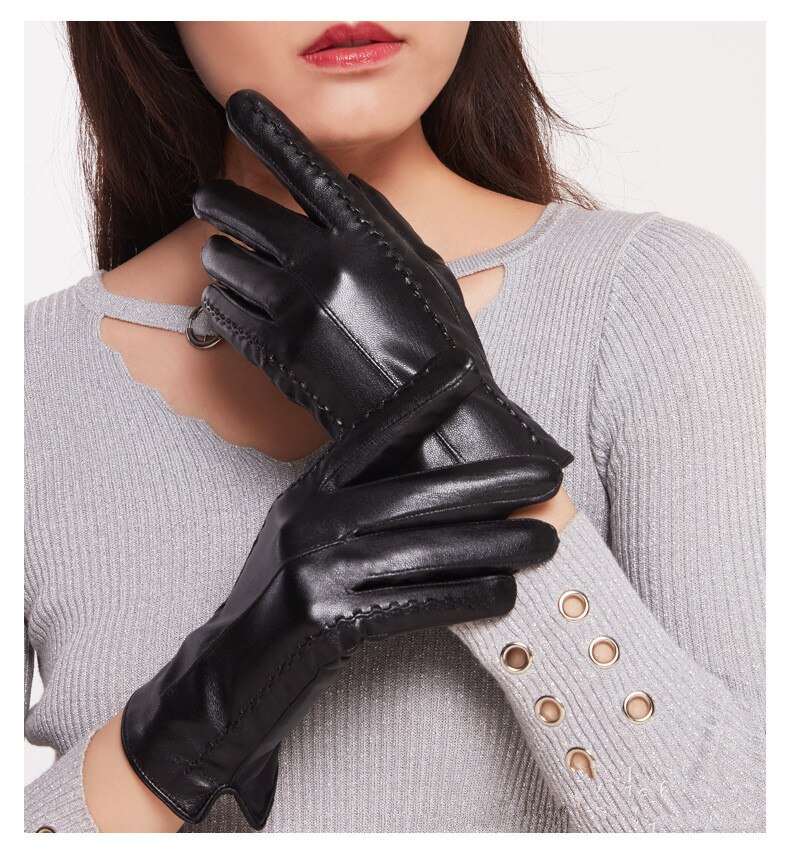 Leer Vrouwelijke Mode Winter Plus Fluwelen Warme Zwarte Handschoen Vrouwen Rijden Touch Telefoon Screen Handschoen Mitten Wa 012