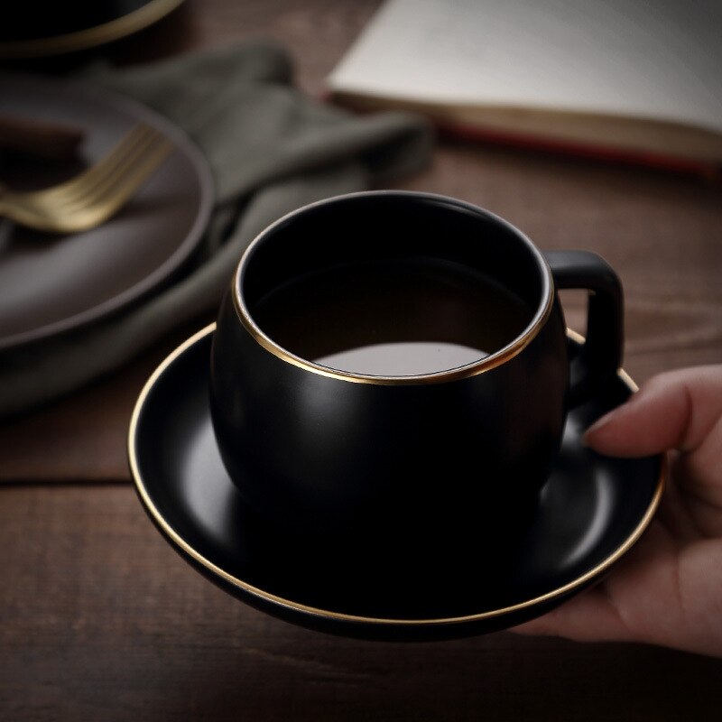 Ceramic Coffee Cup and Saucer Black Pigmented Porcelain Tea Cup Set