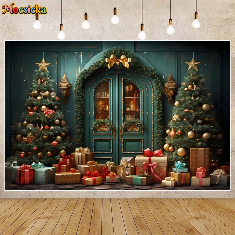 Mocsicka sfondo di natale porta da parete verde albero di natale campana d'oro regali ritratto di famiglia fotografia sfondi puntelli per Studio fotografico