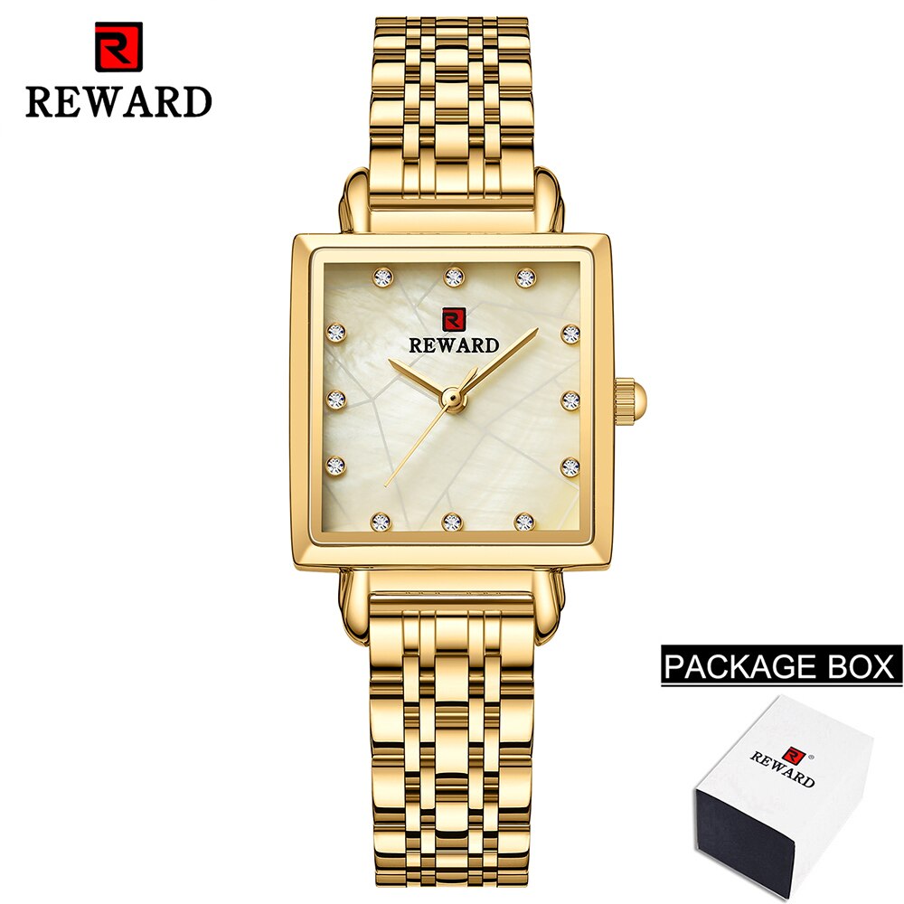 Reloj de cuarzo cuadrado para mujer, pulsera de acero inoxidable de oro rosa Simple, resistente al agua, 2022: Golden Box