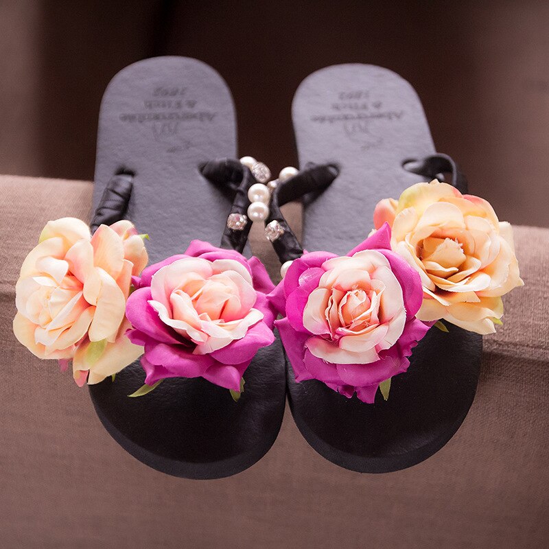 3cm High Heel Women's Summer Pure Handmade Flower Sandals Beach Vacation Flip-flops Womens Slippers Indoor Flip Flops Women: black / 35