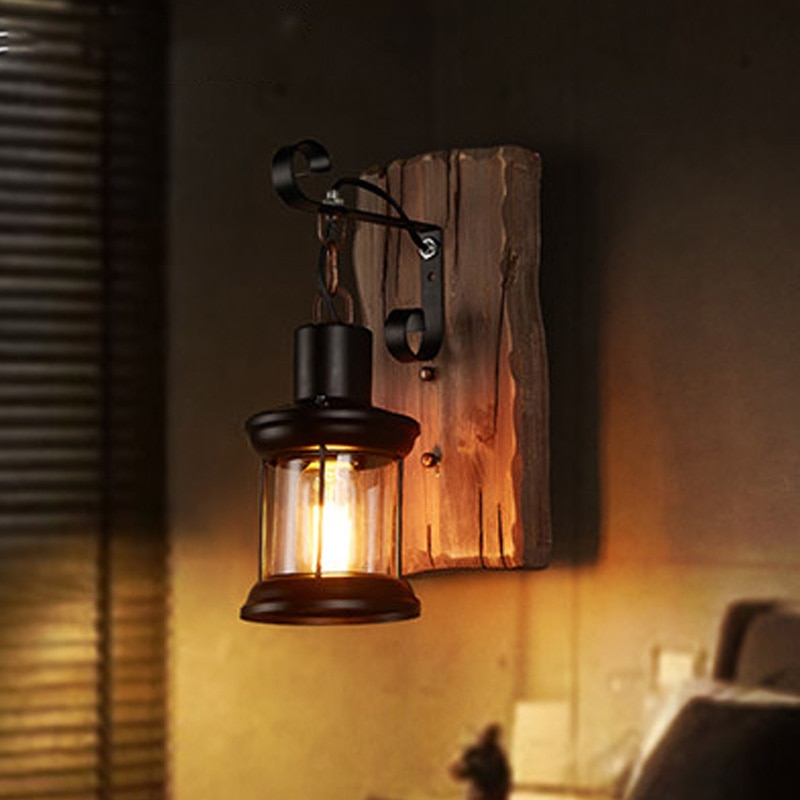Antieke Retro Led Wandlamp Outdoor Restaurant Cafe Bar Wandkandelaar Vintage Industriële Loft Stijl Houten Glazen Wand Gemonteerd Licht