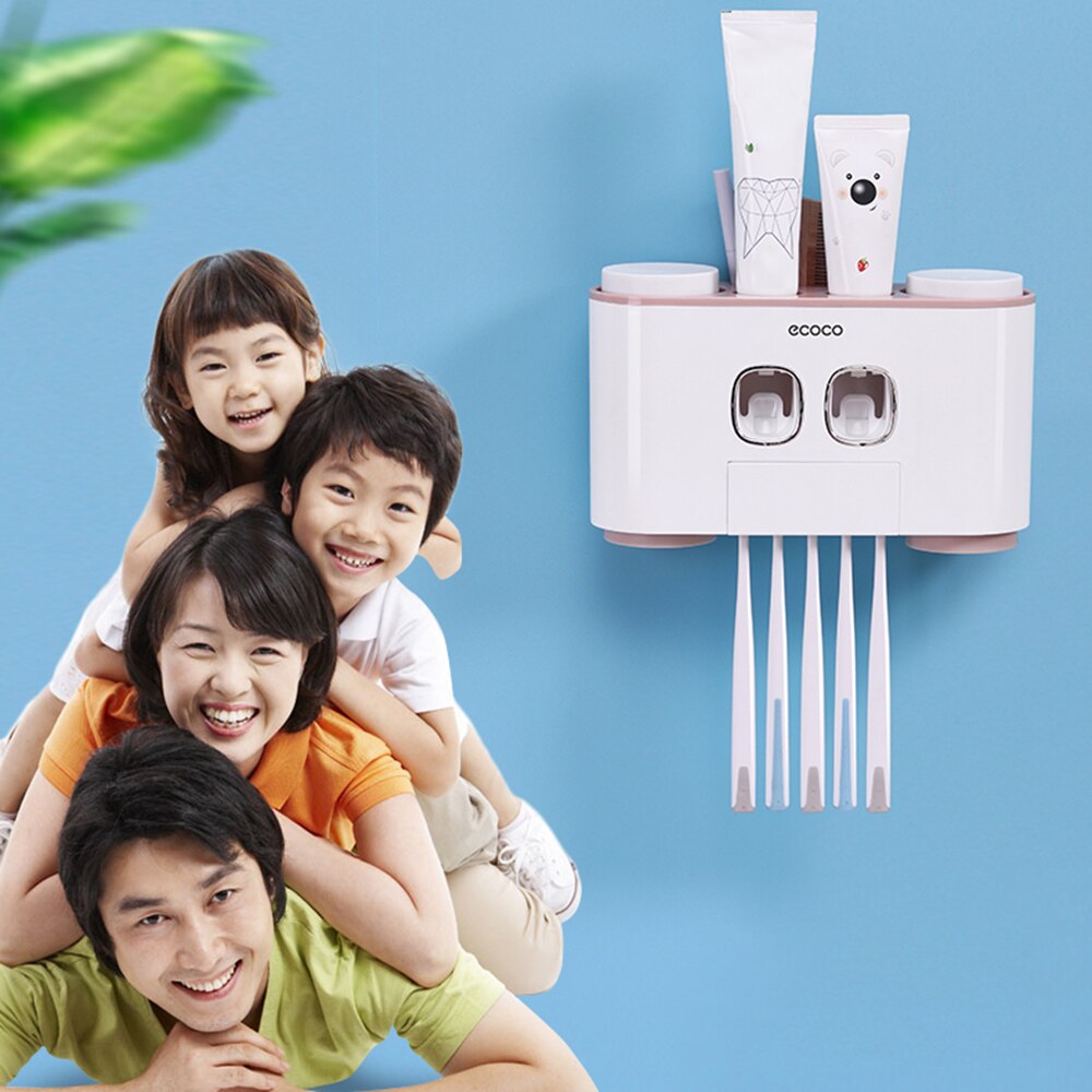 Automatisk klemme tandpasta sæt vægmonteret tandbørsteholder m / 2 tandpasta dispensere 4 kopper & 5 slots toiletartikler opbevaringsstativ