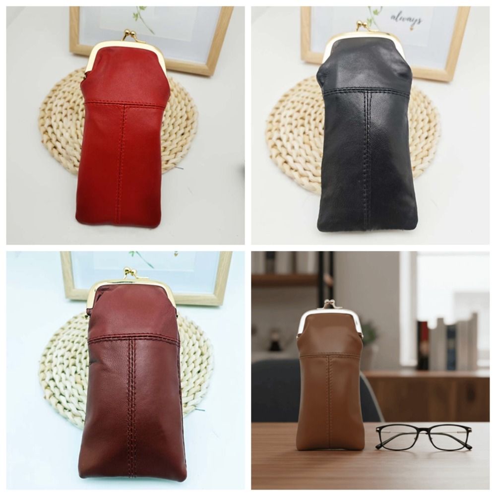 Veilige sluiting Leren Kiss Lock-portemonnee Metalen frame Multifunctionele retro sluiting Brillentas Effen kleur Prachtig