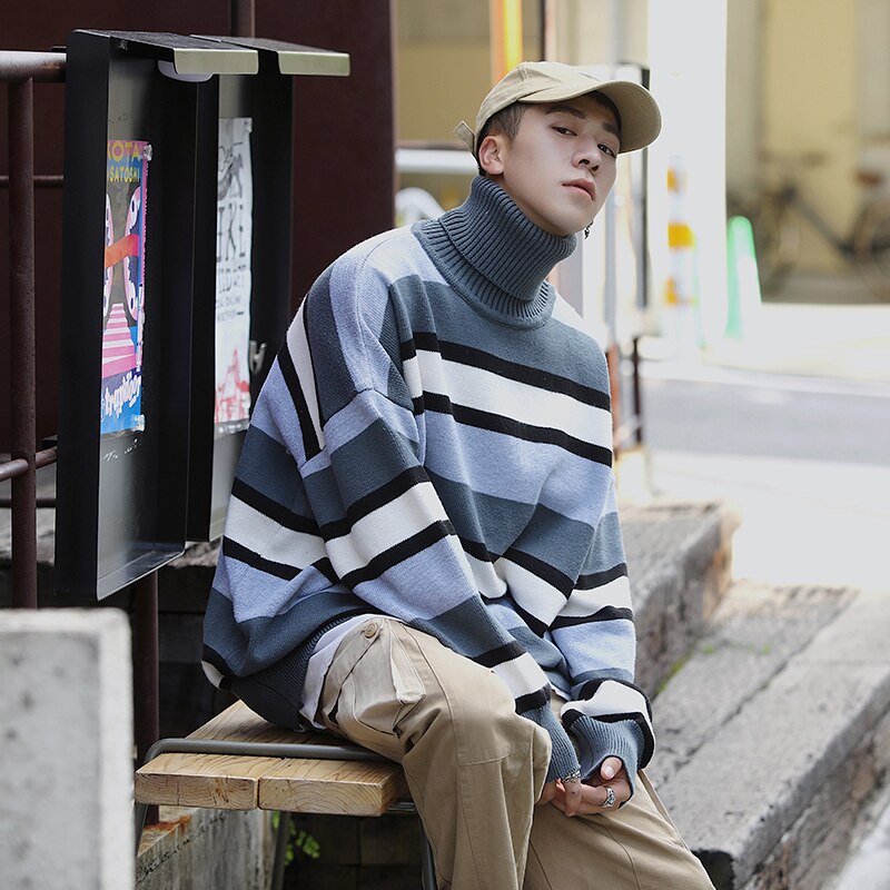 Stribet rullekrave sweater til mænd vinter varmt tøj koreanske løs trends pullover toppe vintage teenagere strik streetwear