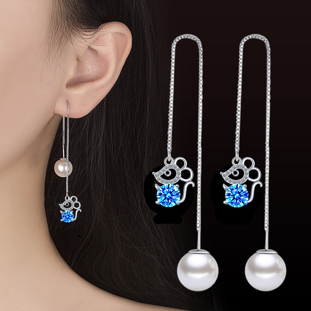 NEHZY 925 Sterling Silver New Donna Gioelleria Raffinata E Alla Moda Dell'orecchio Linea Blu Rosa di Zircon di Cristallo Della Perla Del Mouse Lungo Nappa Orecchini Retrò