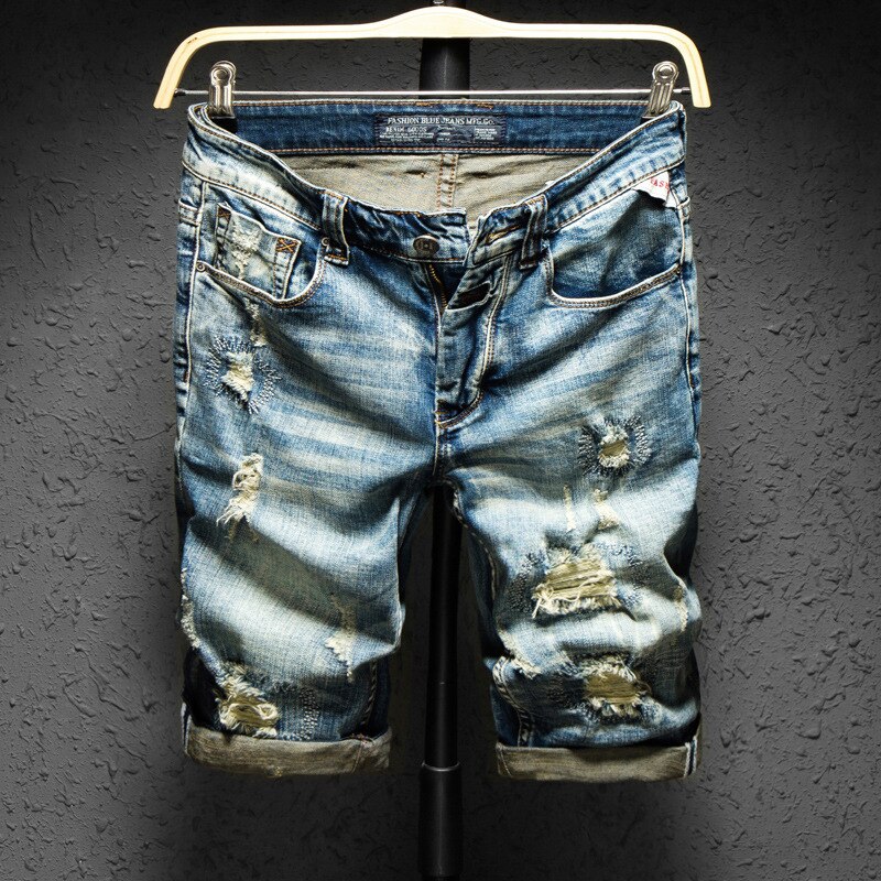 Heren rechte, slanke denim shorts zomer hoge katoenen stretch retro stijl gat kleding jeans shorts: 28